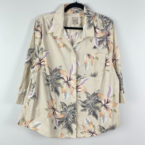 Chicos No Iron Floral Button Up Shirt Size 3 US XL Tossed Lilies Effortless - Picture 1 of 12